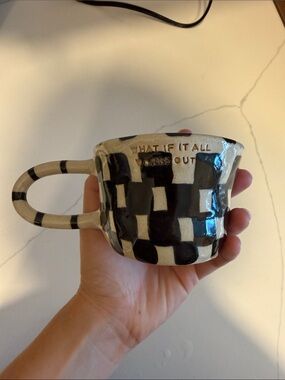 Handmade Black & White Checker Ceramic Mug - Inspirational Text